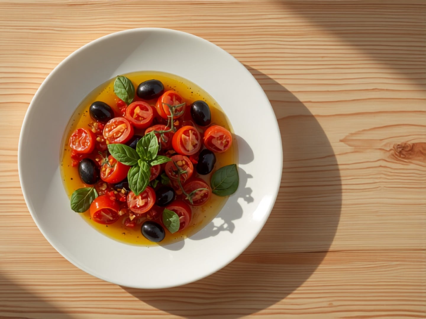 Assiette de tomates confites, olives noires et basilic frais, filet d'huile d'olive