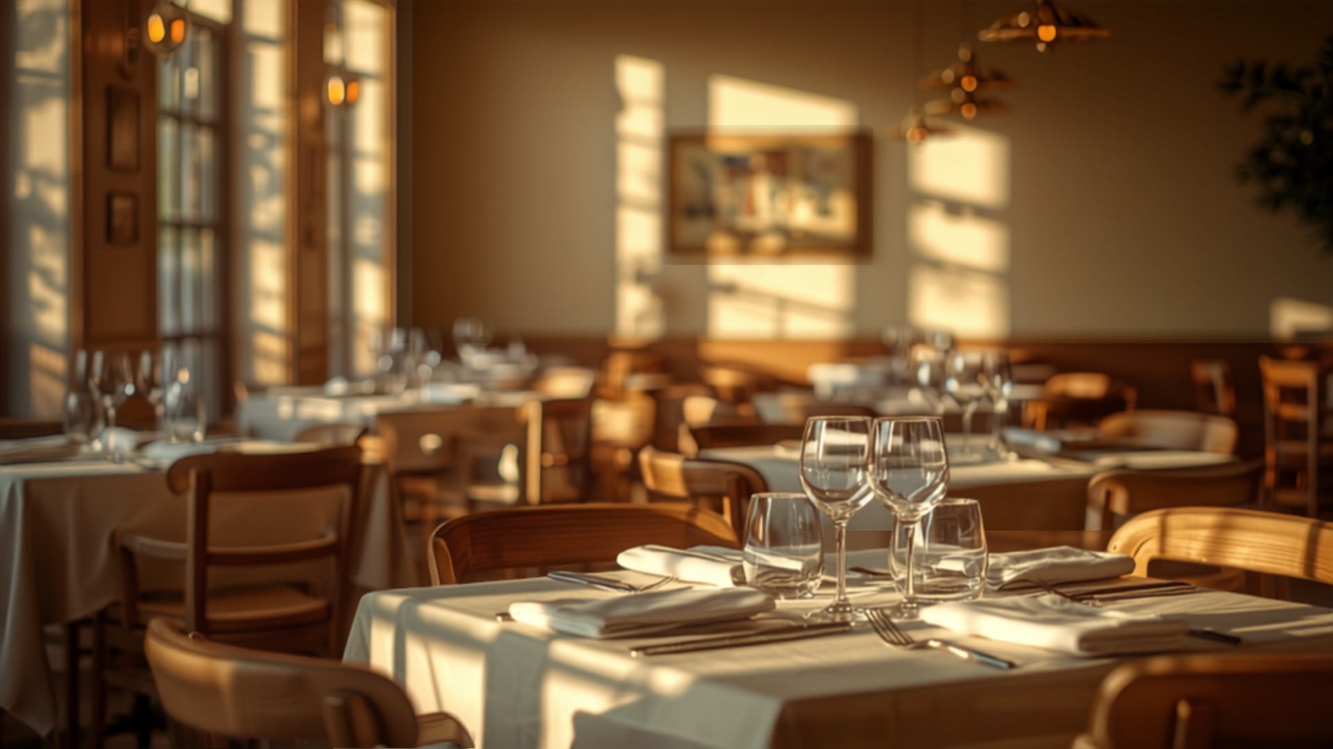 Salle de restaurant aux tons chauds, tables dressées près d'une grande baie vitrée