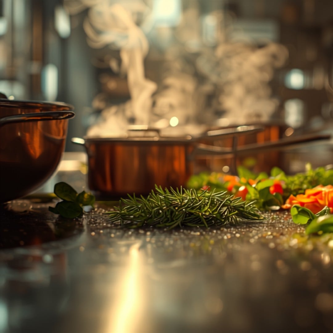Plan de travail en cuisine, légumes de saison en préparation