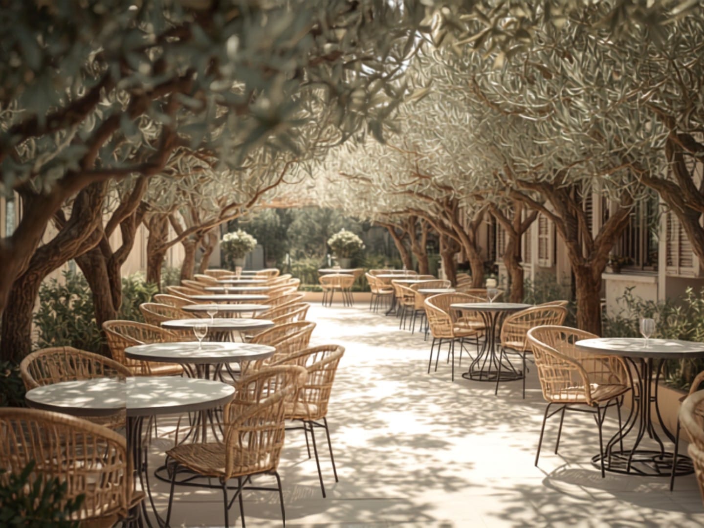 Terrasse ombragée avec tables en terrasse sous de grands arbres